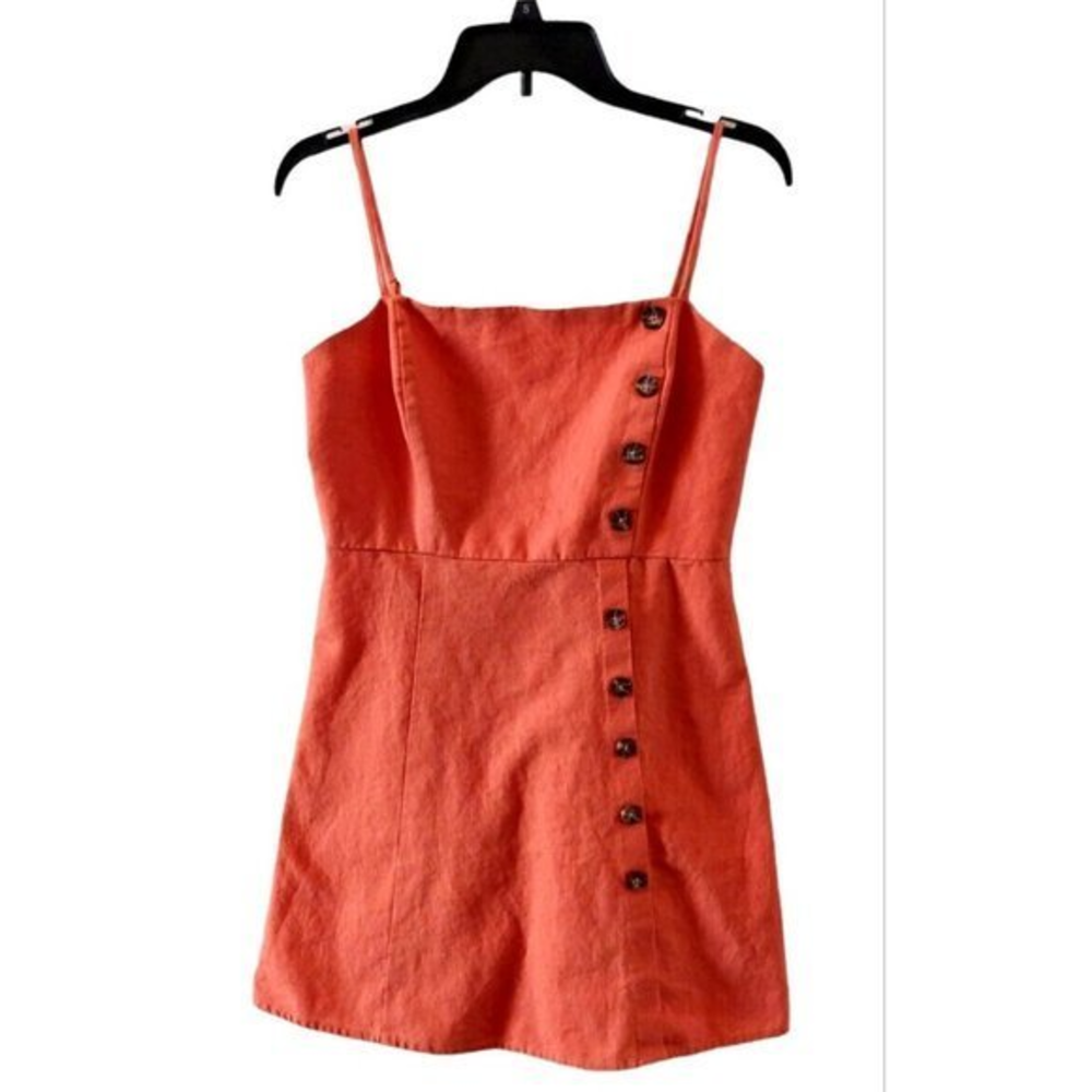 Copper Key Womens Orange Sundress Buttons Midi Spaghetti Strap Linen‎ Blend Sm